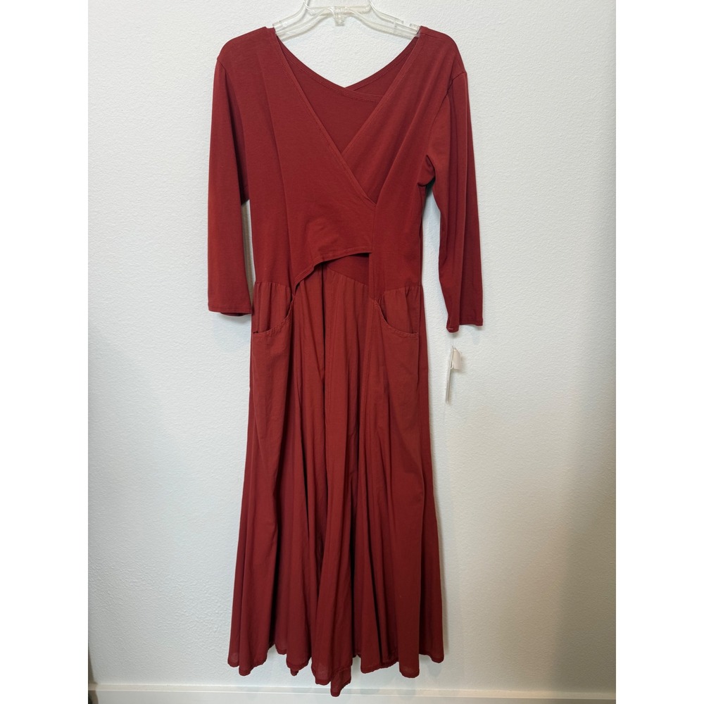 Luna Luz Rust Red Garment Dyed Maxi Dress 3/4 Sleeve Knit Woven Large Lagenlook